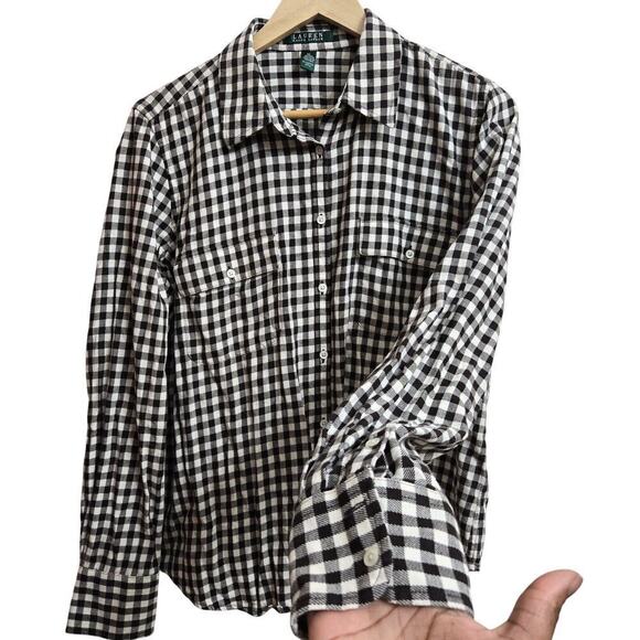 Lauren Ralph Lauren Womens Classic Fit Gingham Button-Down Shirt XL Cream Brown - Picture 2 of 9